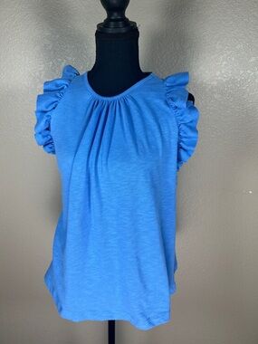 Loft L Women's Blue Ruffle Trim Knit Shirred Tank Top Blouse